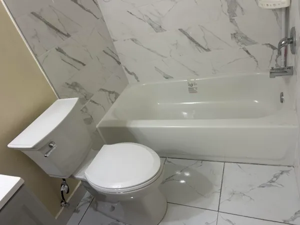 a white toilet sitting next to a bath tub