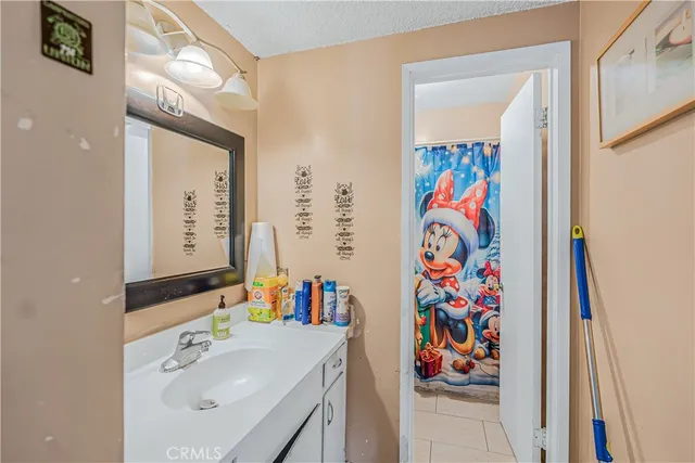 a bathroom with a sink mirror and vanity