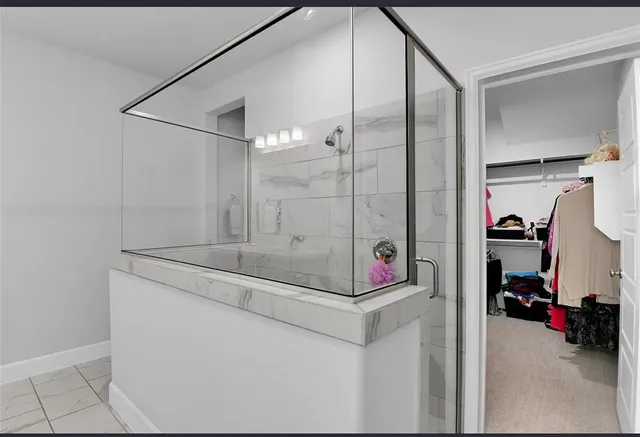 a bathroom with a shower and a sink