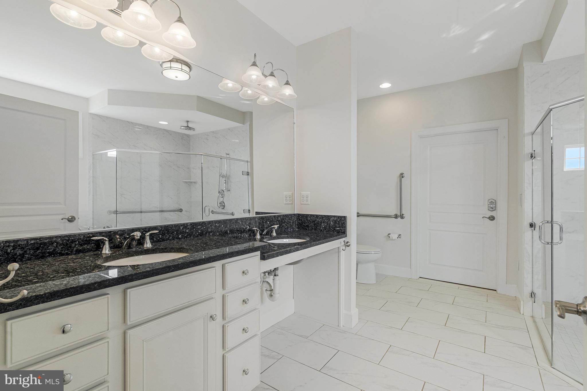 41729 Wakehurst Place Leesburg, VA 20176 - Photo 38 of 71 a bathroom with a granite countertop sink a large mirror and a shower