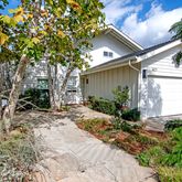 a backyard of a house with plants and tree