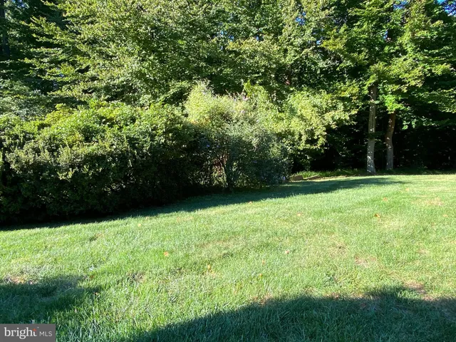 a view of a brick house with plants and large tree