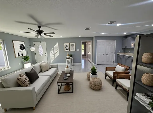 a living room with furniture and a couch