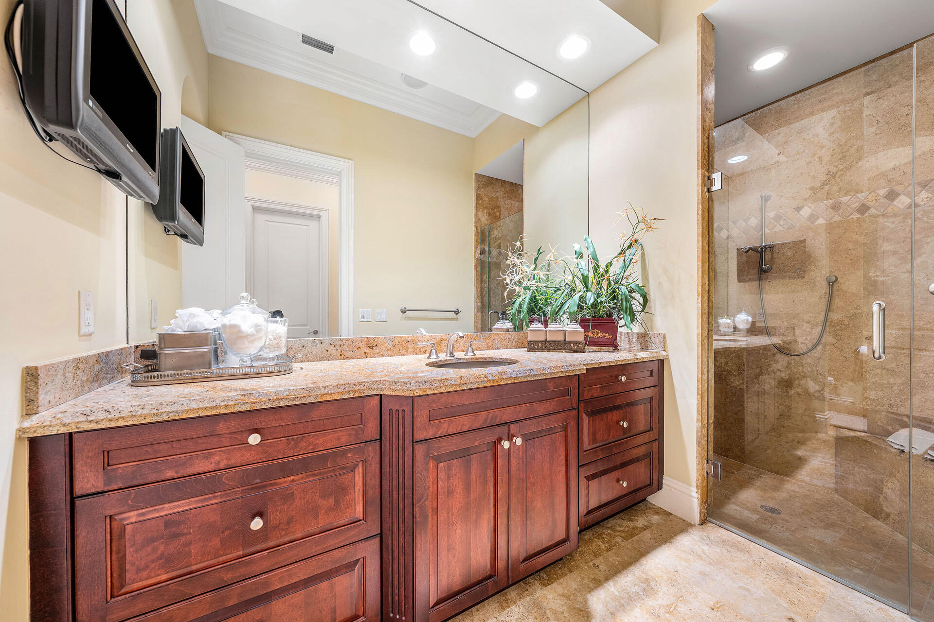 2386 West Maya Palm Drive Boca Raton, FL 33432 - Photo 42 of 76 a bathroom with a granite countertop double vanity sink mirror and shower