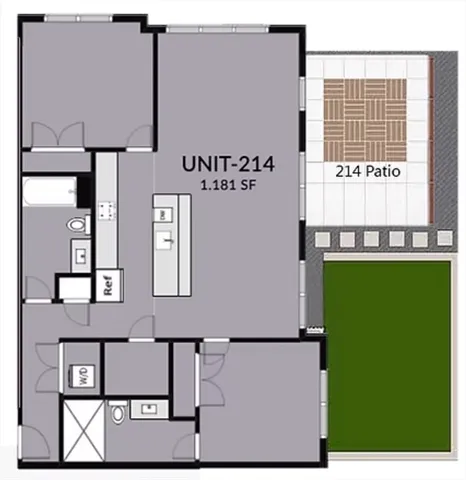 a view of a kitchen with a fridge and a window