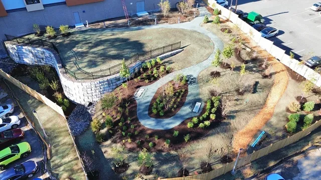 a view of a town with trees