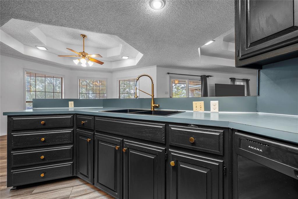 215 Lajuana Drive Waco, TX 76705 - Photo 13 of 33 Kitchen with a tray ceiling, dishwasher, a textured ceiling, light wood-type flooring, and dark cabinets