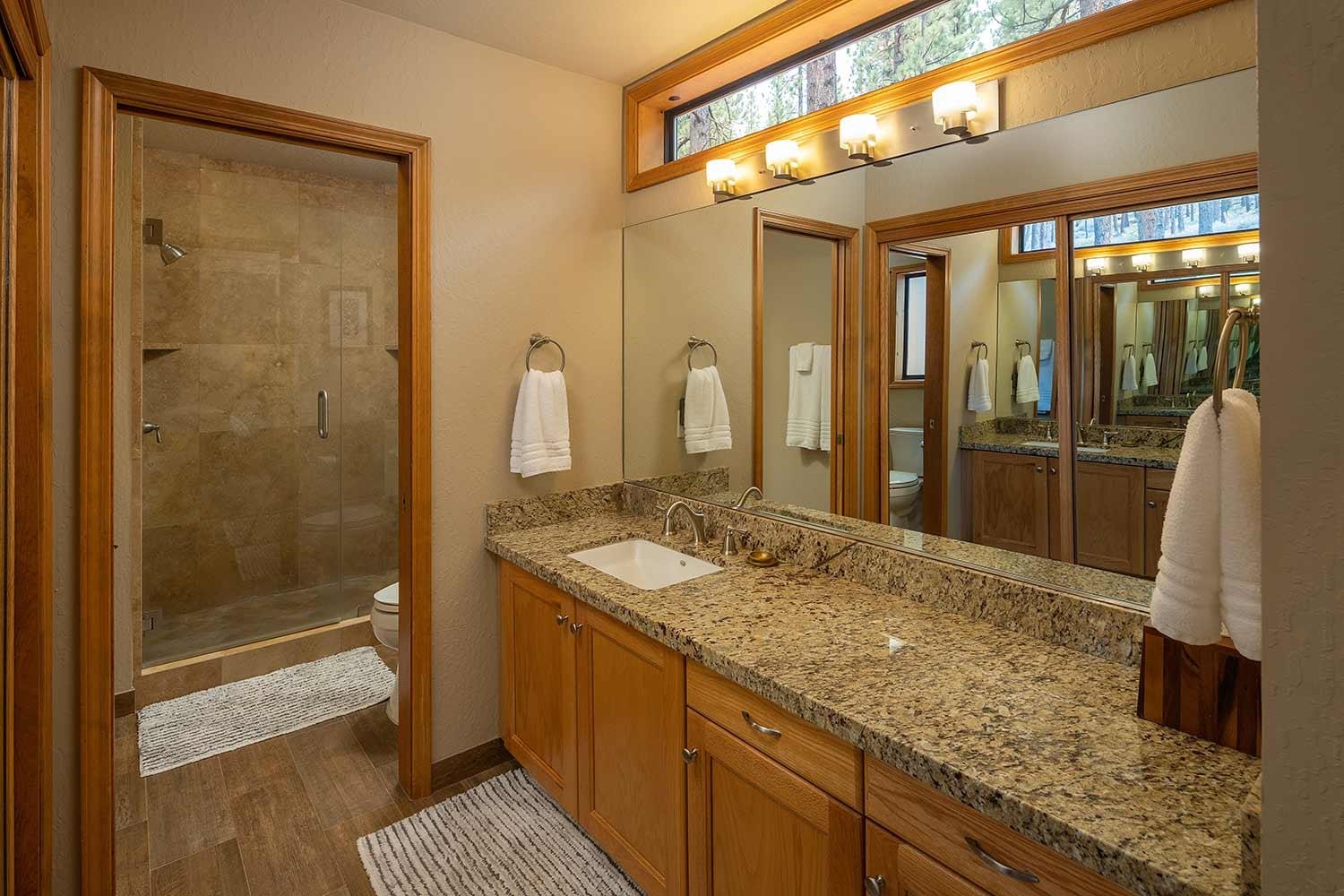 342 Skidder Trail Truckee, CA 96161 - Photo 10 of 21 a bathroom with a granite countertop sink and a mirror