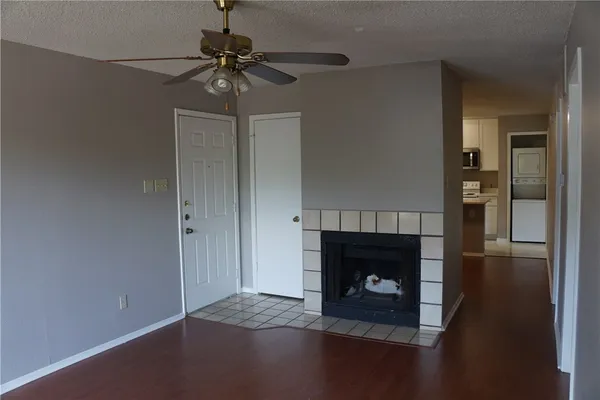 a living room with a fireplace