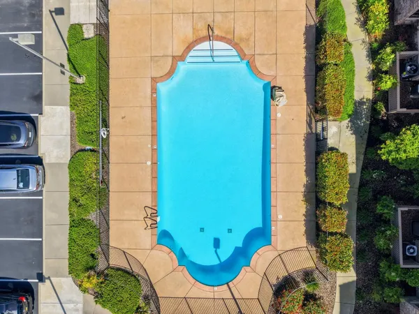 a view of a swimming pool and a lounge chair