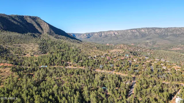 a view of a dry yard with mountains in the background