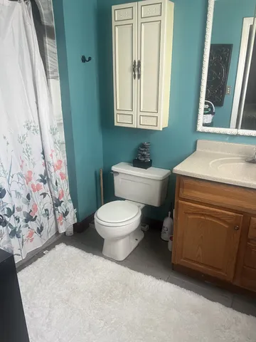 a bathroom with a toilet sink and mirror
