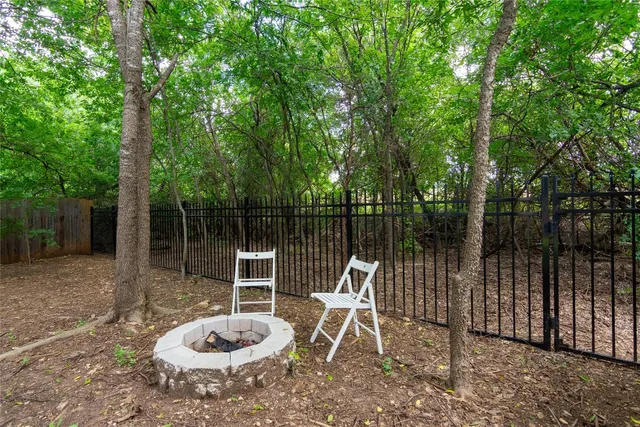 a garden view with a seating space