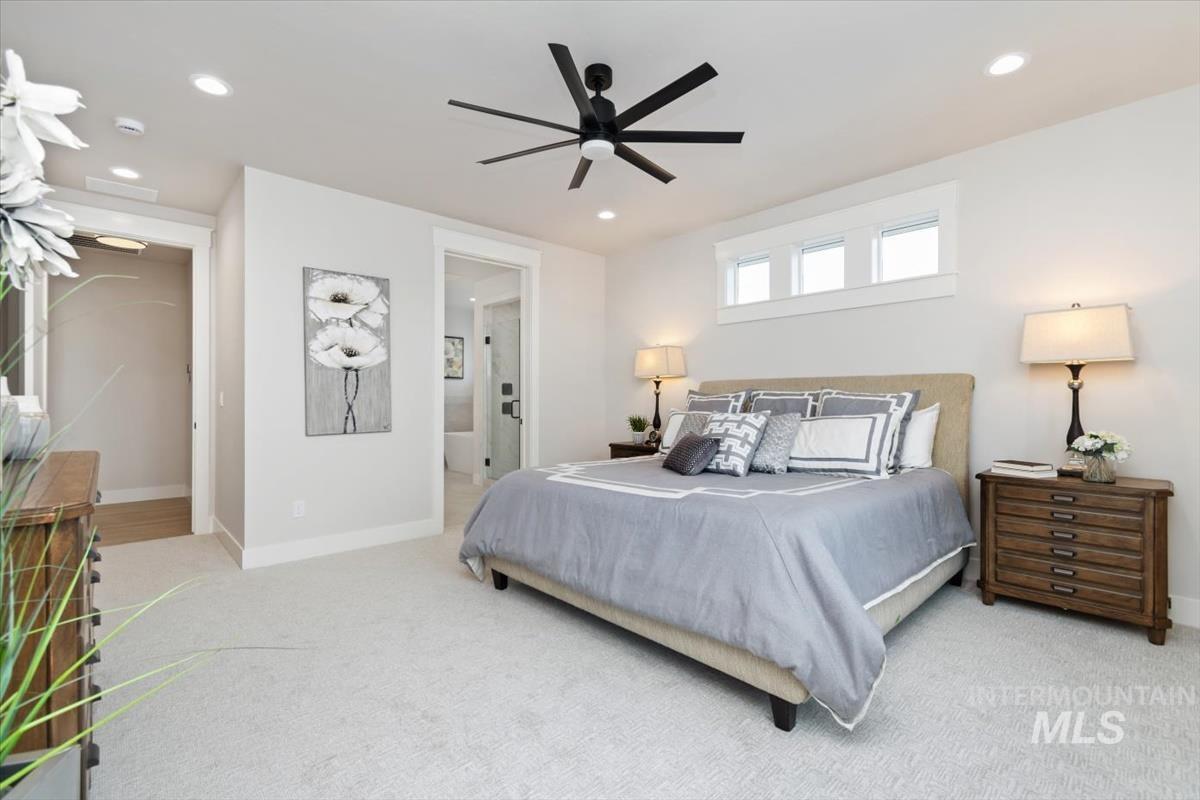 357 West Flour Mill Middleton, ID 83644 - Photo 20 of 49 Carpeted bedroom featuring a ceiling fan, ensuite bathroom, and recessed lighting