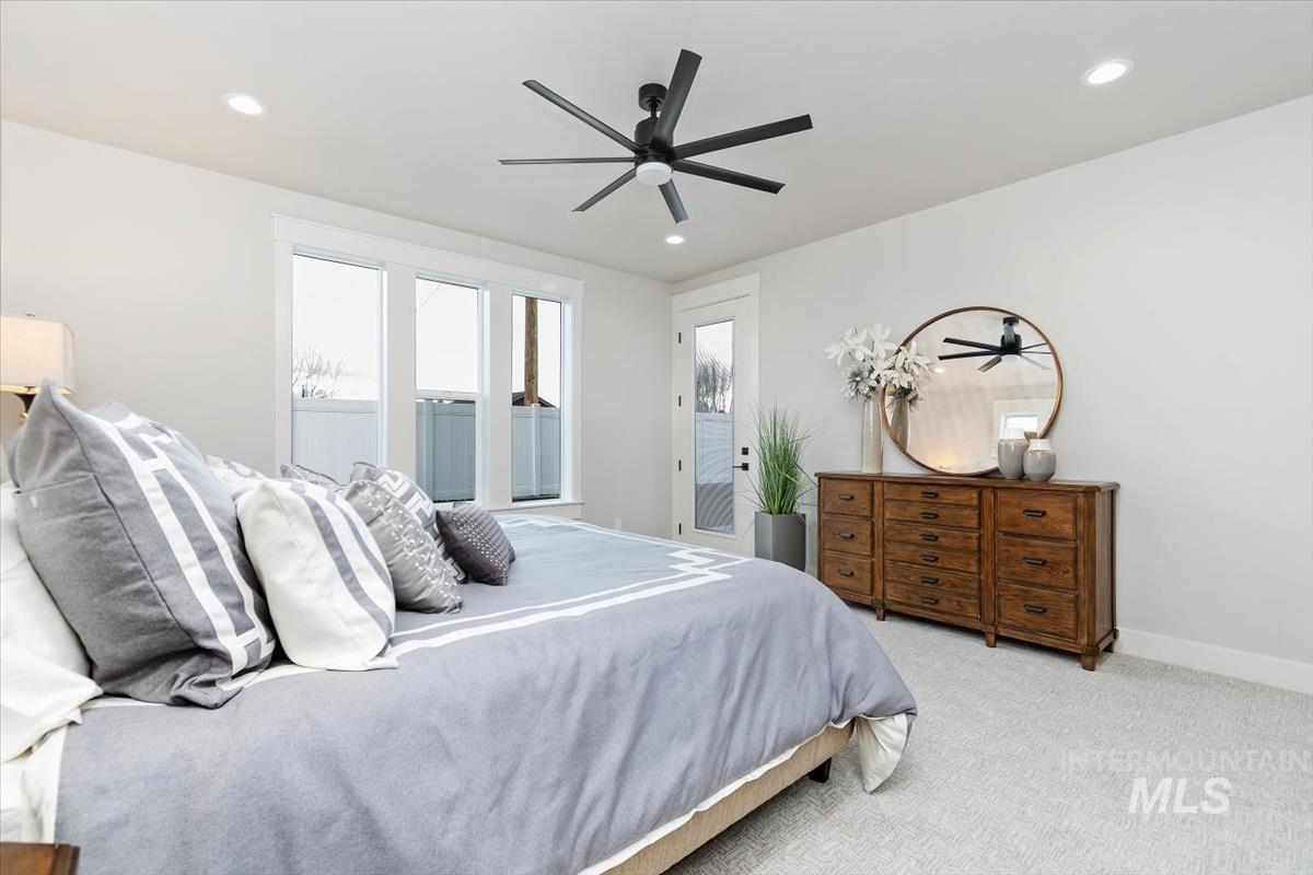 357 West Flour Mill Middleton, ID 83644 - Photo 21 of 49 Bedroom with ceiling fan, carpet flooring, recessed lighting, and access to exterior