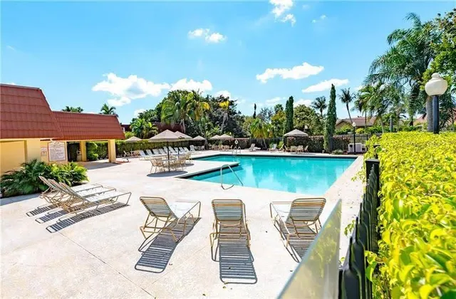 a view of a swimming pool with a patio and plants