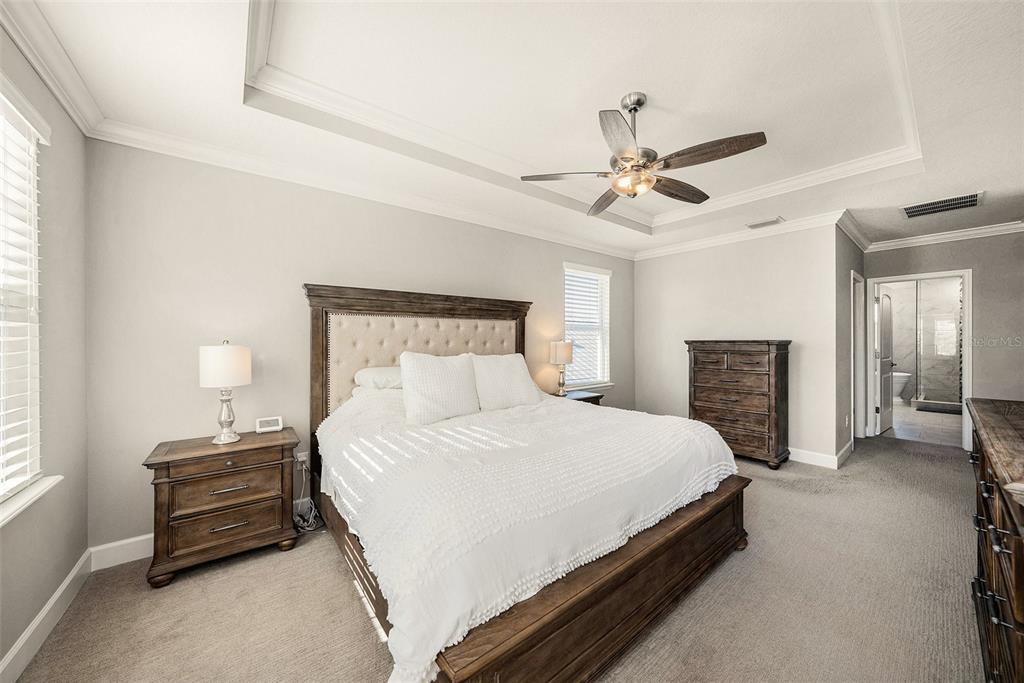 6412 Key Island Boulevard Apollo Beach, FL 33572 - Photo 17 of 42 a bedroom with a bed and a chandelier