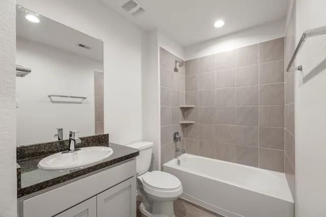 a bathroom with a bath tub sink mirror vanity and toilet