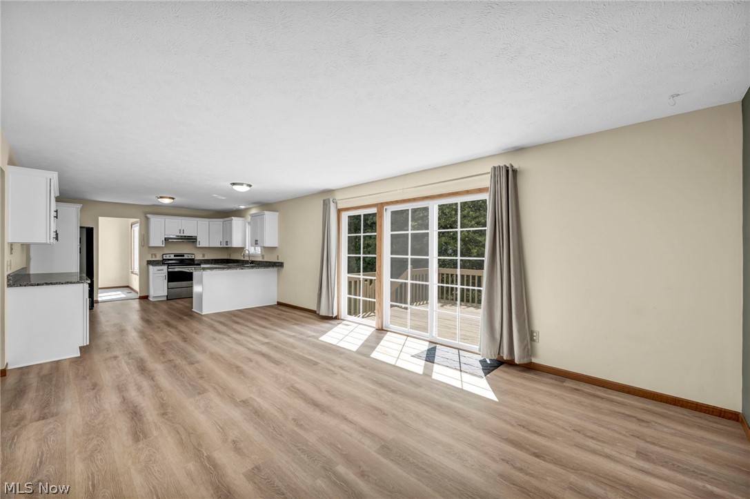 9842 Johnnycake Ridge Road Mentor, OH 44060 - Photo 12 of 40 Open-concept living area with wood-finish flooring, white cabinetry, dark countertops, and a full suite of stainless steel appliances