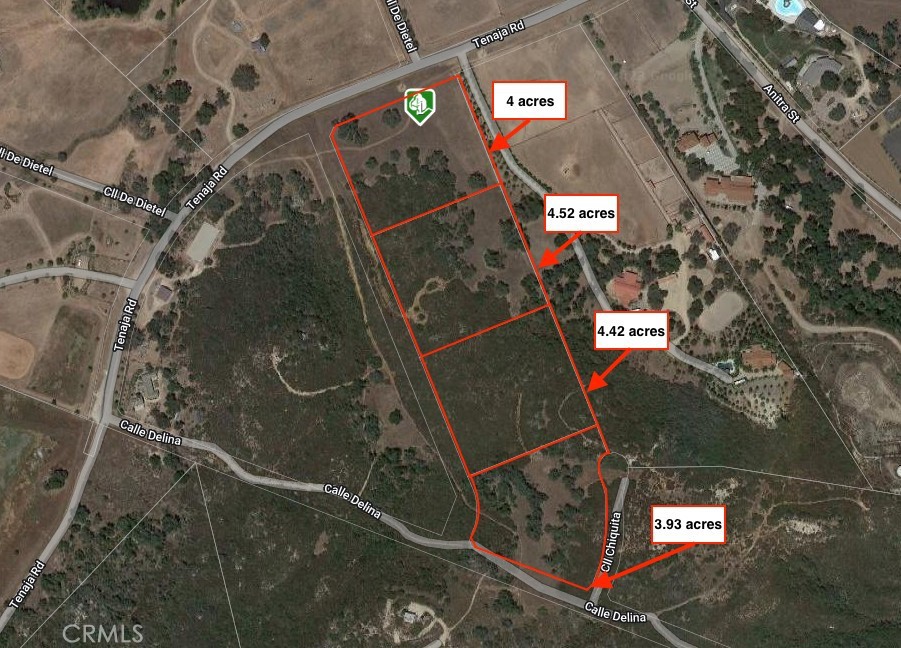 4 Legal Parcels parcel  1-4 starting  from  top "Tenaja  Road"  Note Useable  with  oaks  on parcels 1,2  and  4   Incredible  views  from parcel 3!