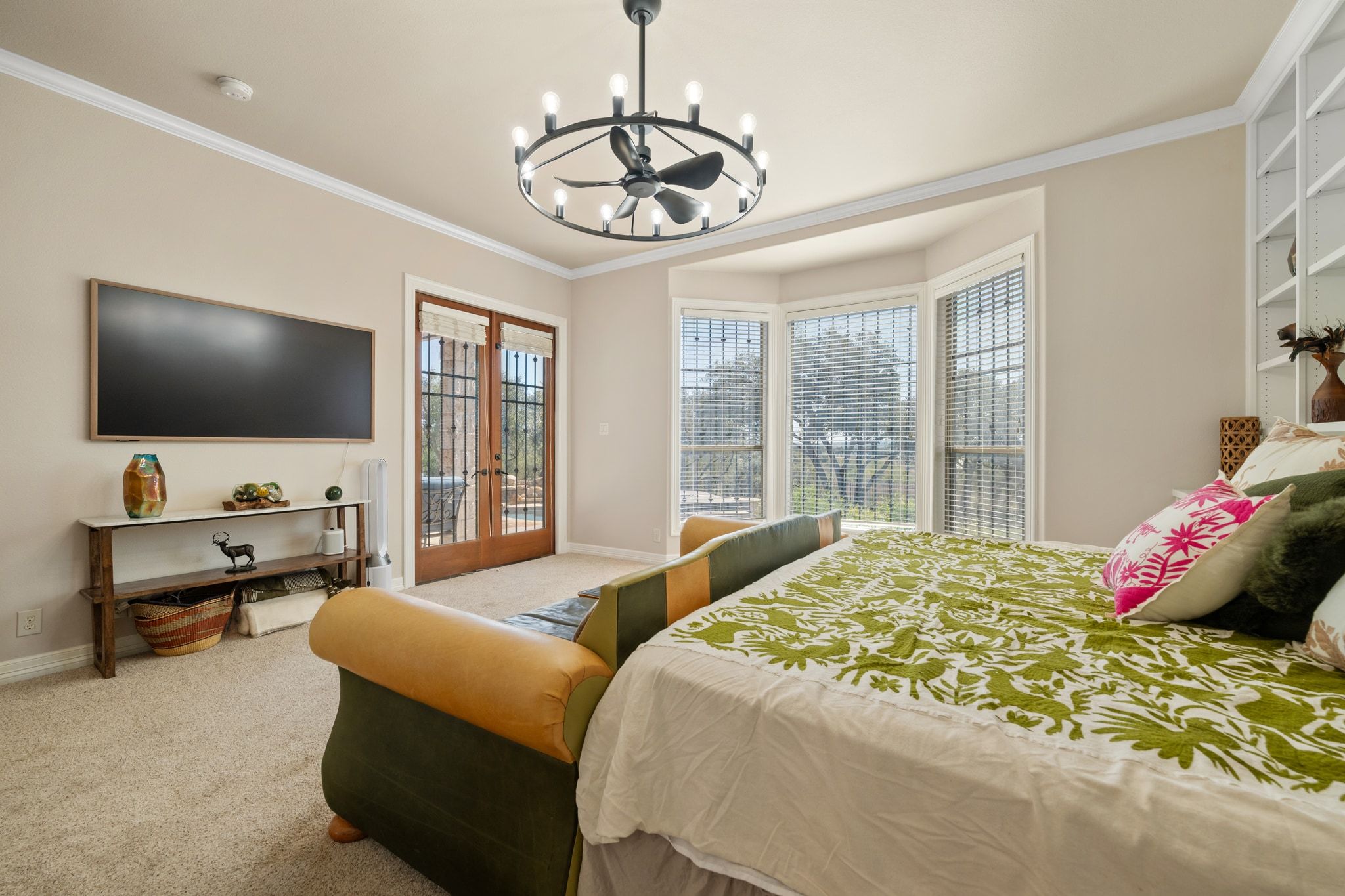 185 Shimmering Shore Court Spring Branch, TX 78070 - Photo 15 of 36 Bedroom with carpet floors, french doors, crown molding, access to exterior, and a chandelier