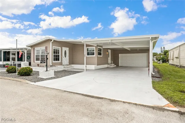 front view of a house with a patio