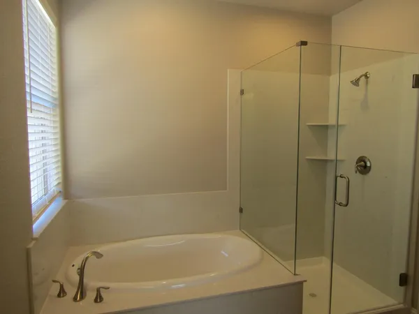 a bathroom with a shower and a bath tub