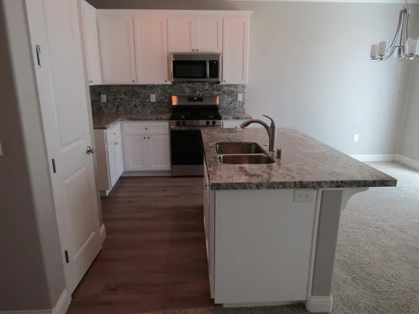 a kitchen with stainless steel appliances granite countertop a stove top oven a sink a counter space and cabinets