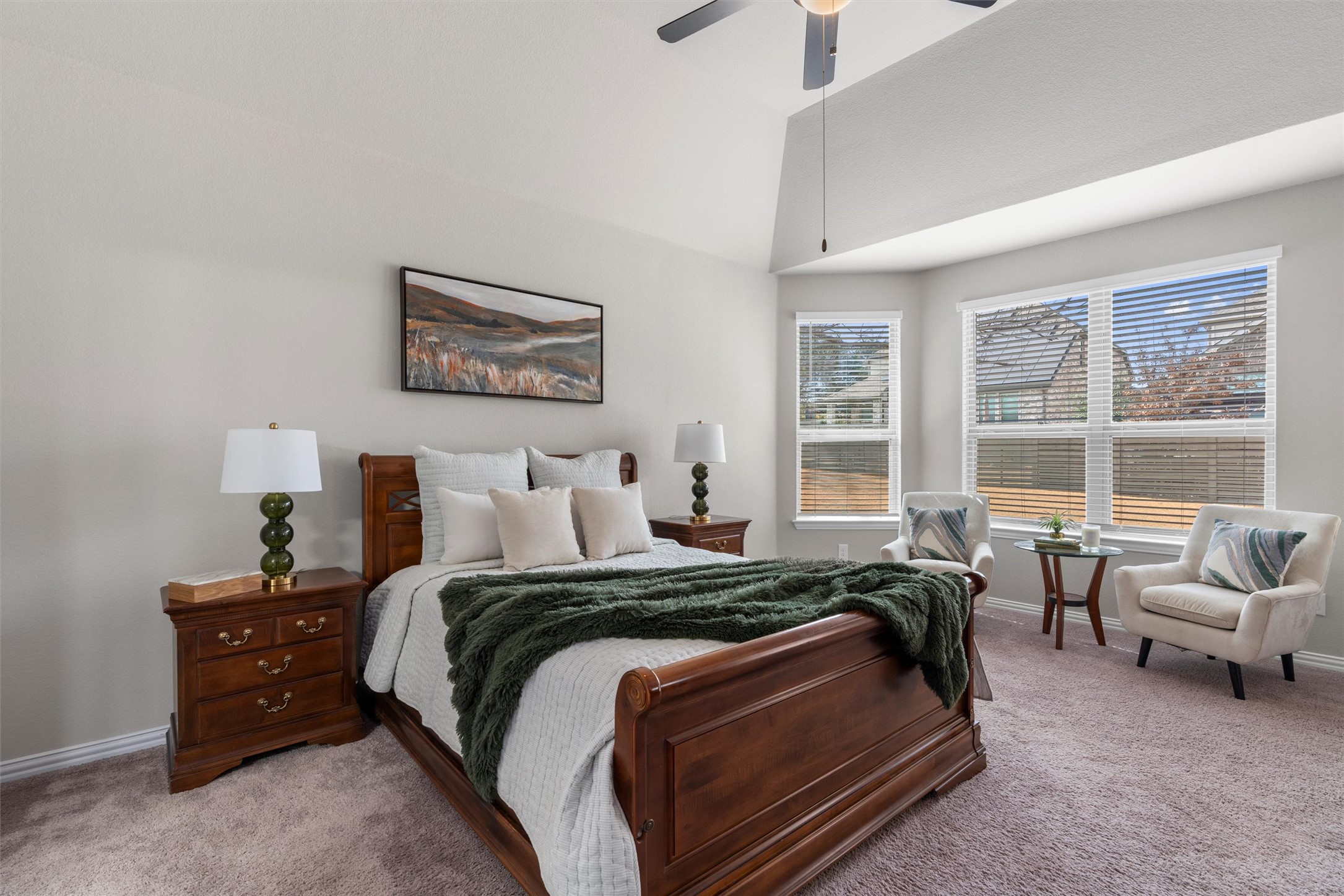 4216 Mercer Road Georgetown, TX 78628 - Photo 13 of 40 Bedroom with carpet flooring, ceiling fan, and vaulted ceiling