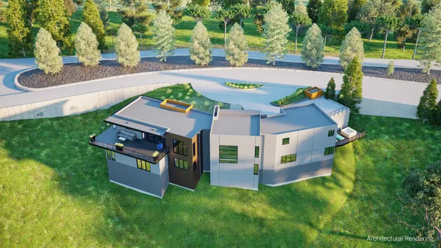 an aerial view of a house with swimming pool garden and patio