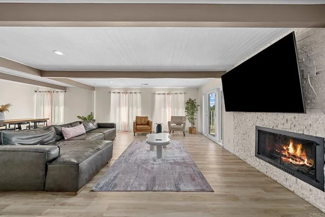 a living room with fireplace furniture and a flat screen tv