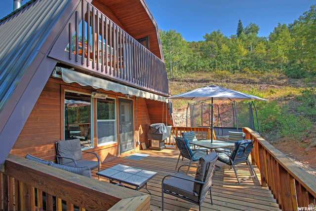 1644 West Tollgate Cyn Road, Unit 79AM Coalville, UT 84017 - Photo 4 of 31 Expansive wood deck with a privacy railing, featuring a retractable awning and a second-story balcony