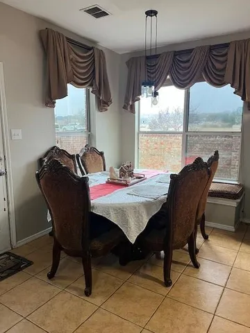a view of a dining room with furniture window and outside view