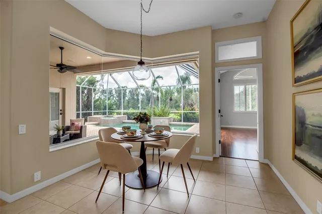 a view of a dining room with furniture window and outside view