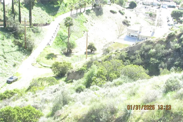 a view of a yard with plants and wooden fence