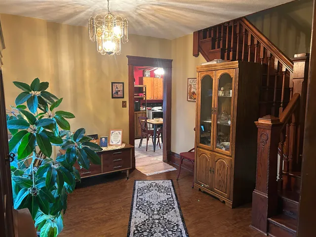 a hallway with couches and a potted plant