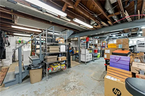 a view of a storage room with racks