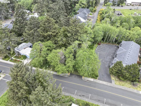 an aerial view of a house with a yard and greenery