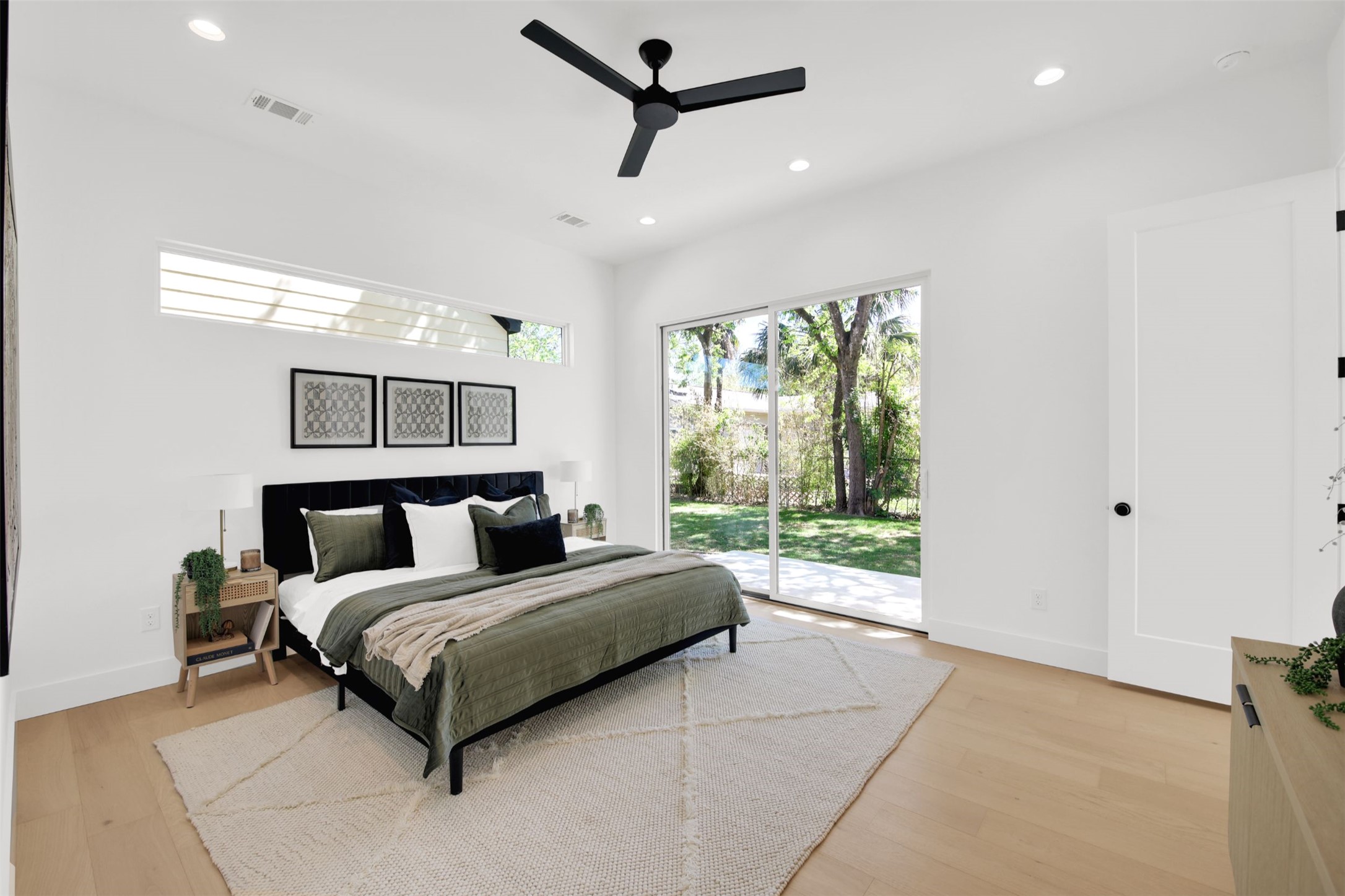 1310 Cullen Avenue Austin, TX 78757 - Photo 14 of 40 Primary bedroom featuring access to outside, recessed lighting, ceiling fan, and light wood flooring
