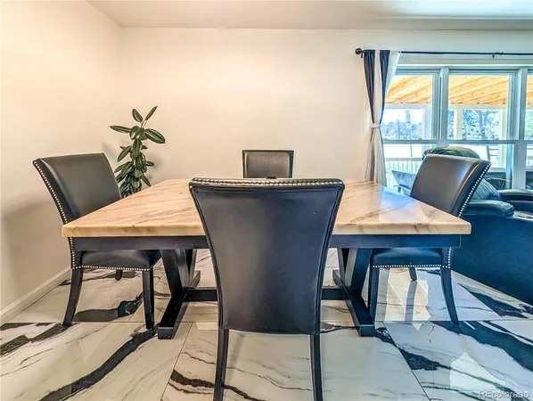a view of a dining room with furniture and window