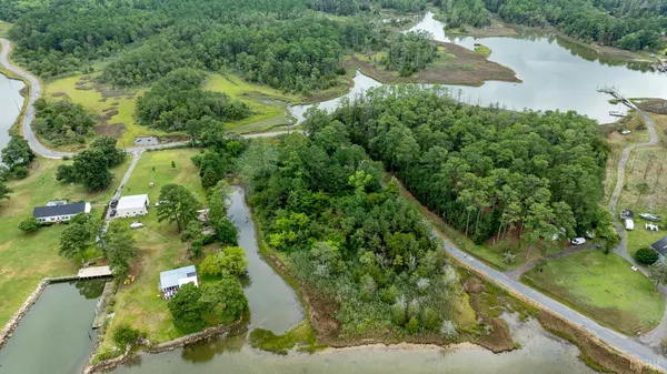 an aerial view of residential houses with outdoor space and trees