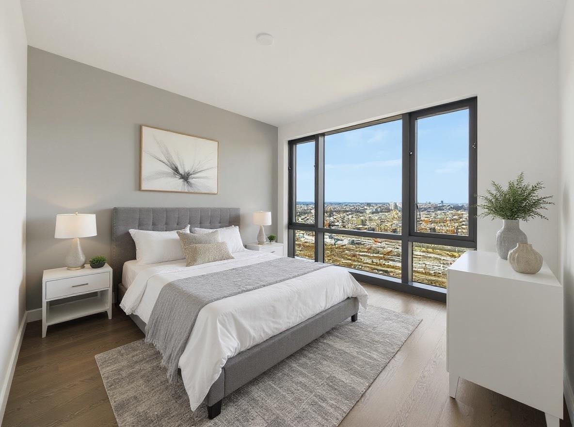 75 Park Lane South, Unit 3202 Jersey City, NJ 07310 - Photo 16 of 40 a spacious bedroom with a large bed and a large window