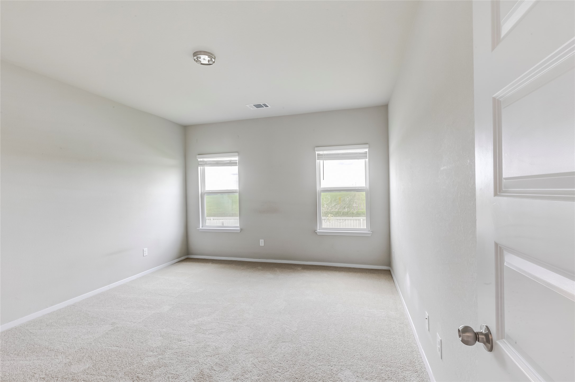 2721 Winding Creek Road Kyle, TX 78640 - Photo 14 of 27 Carpeted room featuring two windows, neutral wall tones, a flush-mount ceiling light, and a paneled door with a brushed nickel knob