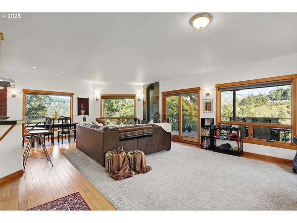 a living room with furniture and a large window with outer view