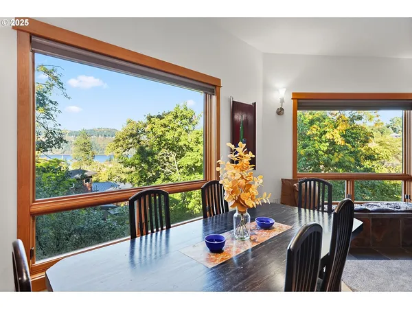 a view of a dining room with furniture window and outside view