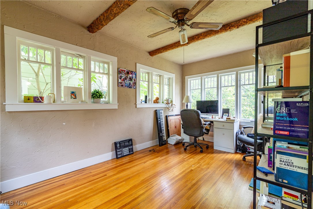 3232 Clarendon Road Cleveland, OH 44118 - Photo 10 of 22 Office featuring hardwood / wood-style floors, ceiling fan, and beam ceiling