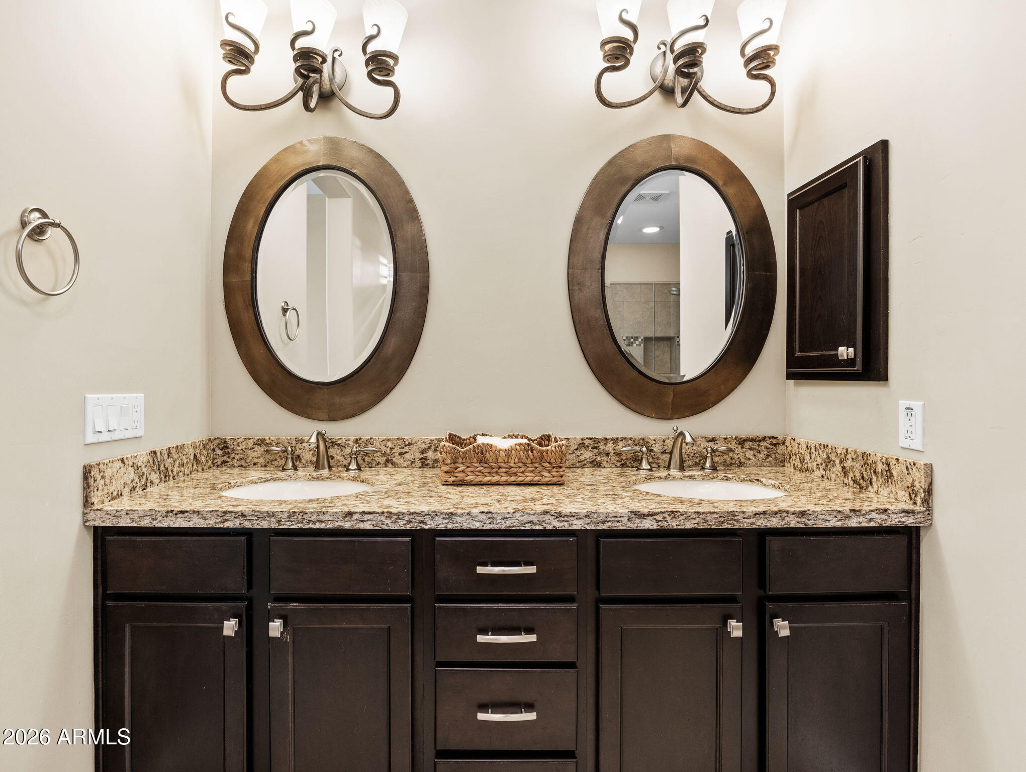 36600 North Cave Creek Road, Unit B14 Cave Creek, AZ 85331 - Photo 14 of 29 a bathroom with a granite countertop double vanity and a mirror