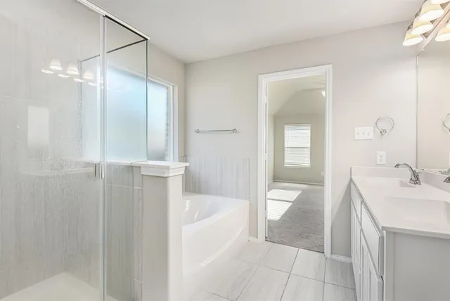 a bathroom with a bathtub shower sink and mirror