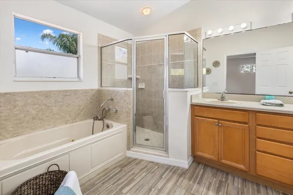 a bathroom with a bathtub a sink and a mirror