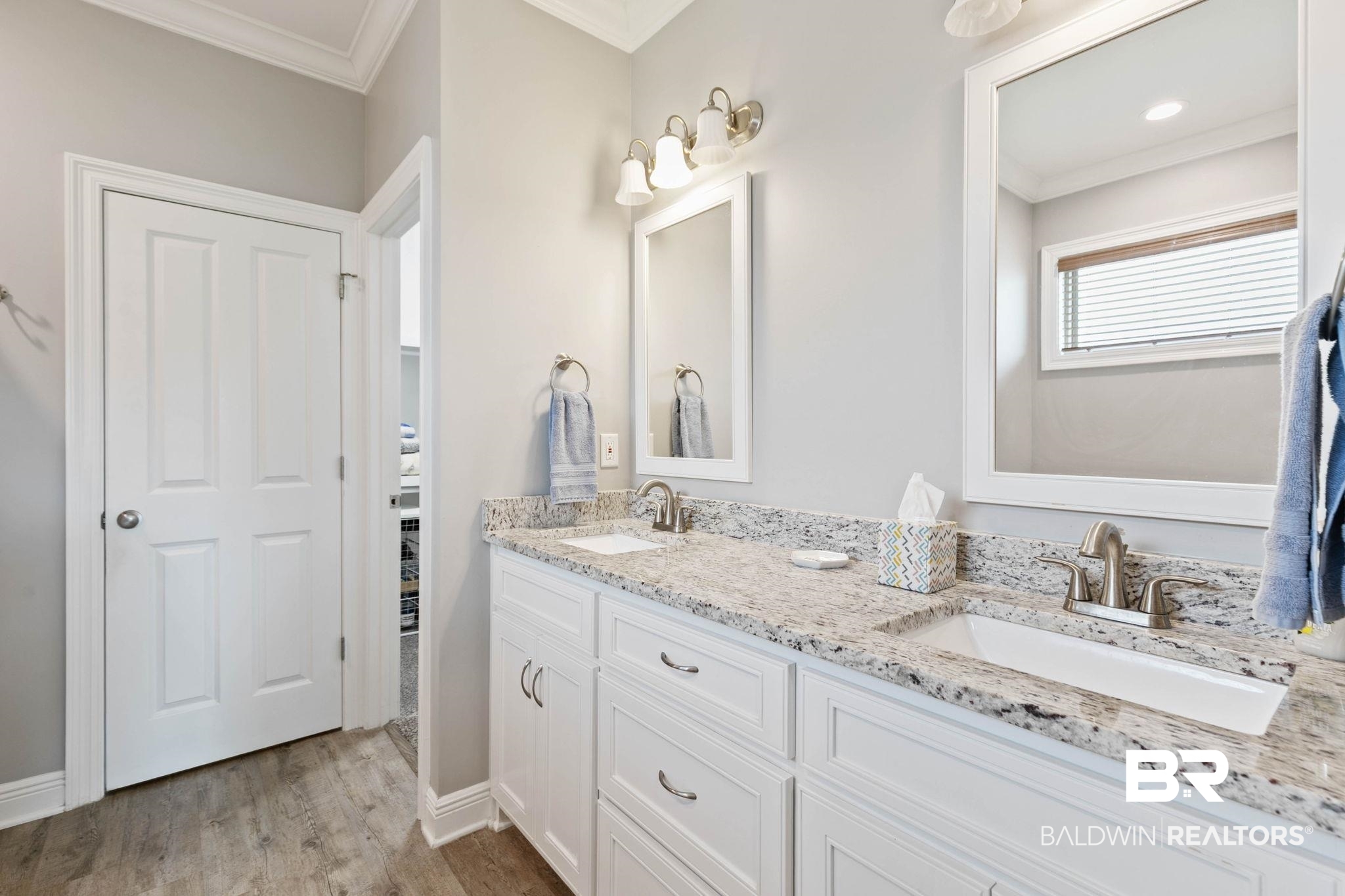 9388 Pembrook Loop Fairhope, AL 36532 - Photo 34 of 53 Full bath with ornamental molding, double vanity, light wood-type flooring, and a spacious closet